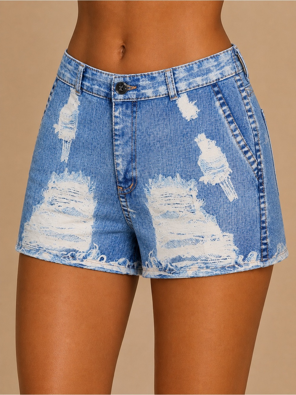 High-Rise Distressed Denim Looking Women’s Shorts - Light Blue